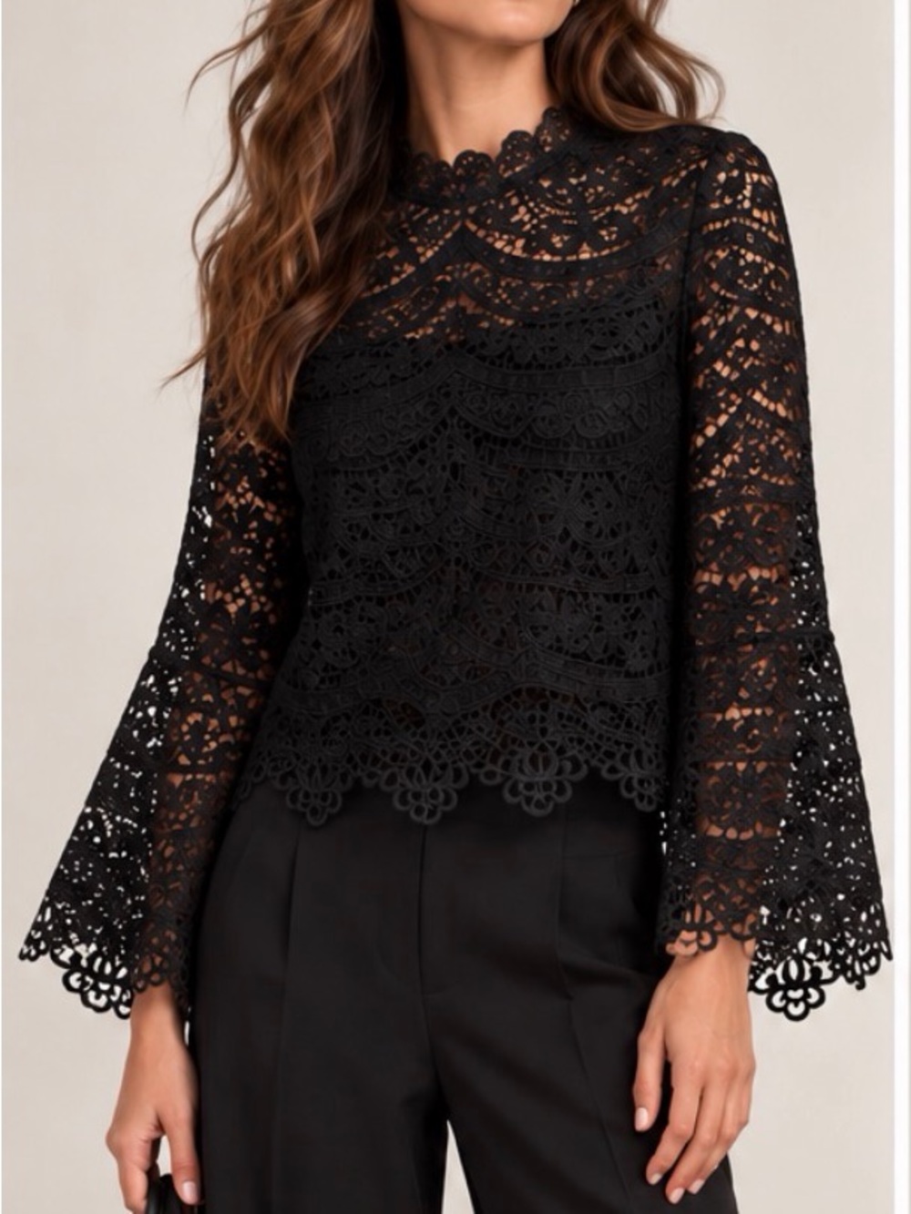 Marabelle Black Lace Bell Sleeve Scalloped Crop Top Back Zipped Medium